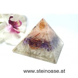 Orgonit Pyramide: Amethyst, Rosenquarz, Bergkristall & Spirale & Herkimer Diamant, 75mm